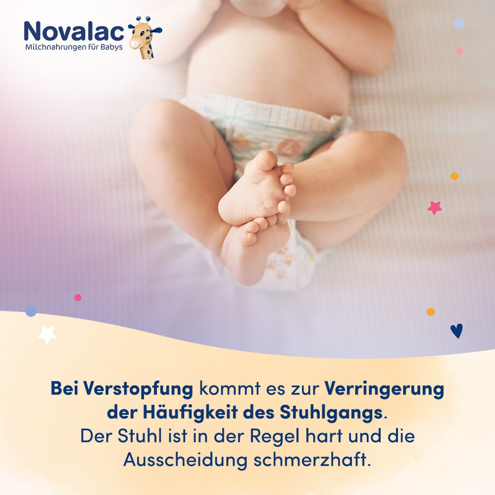 Babyfüße in Windel. Text: Bei Verstopfung kommt es zur Verringerung der Häufigkeit des Stuhlgangs. Der Stuhl ist hart.