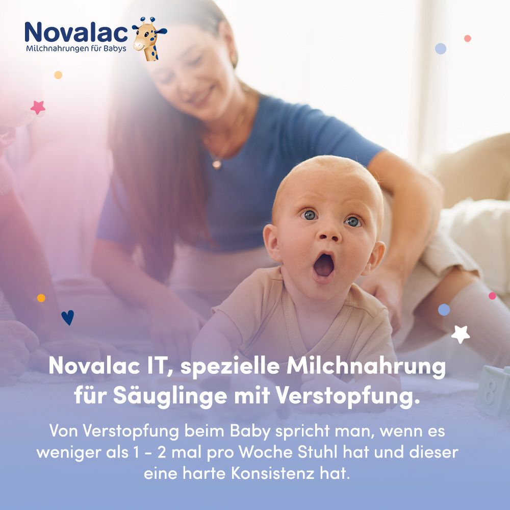 Baby mit offenem Mund, Mutter im Hintergrund. Text: Novalac IT, spezielle Milchnahrung für Säuglinge mit Verstopfung.