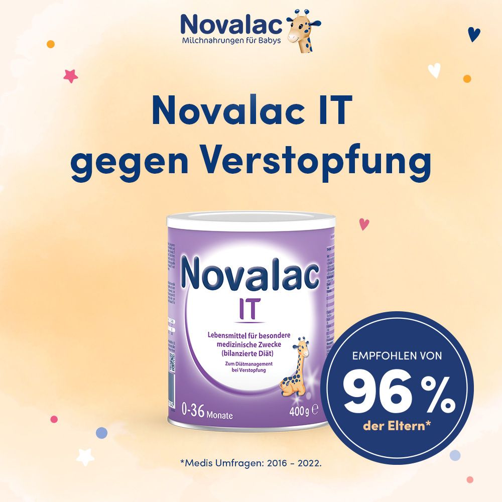 Dose Novalac IT, Babynahrung. Text: Novalac IT gegen Verstopfung. Empfohlen von 96% der Eltern.