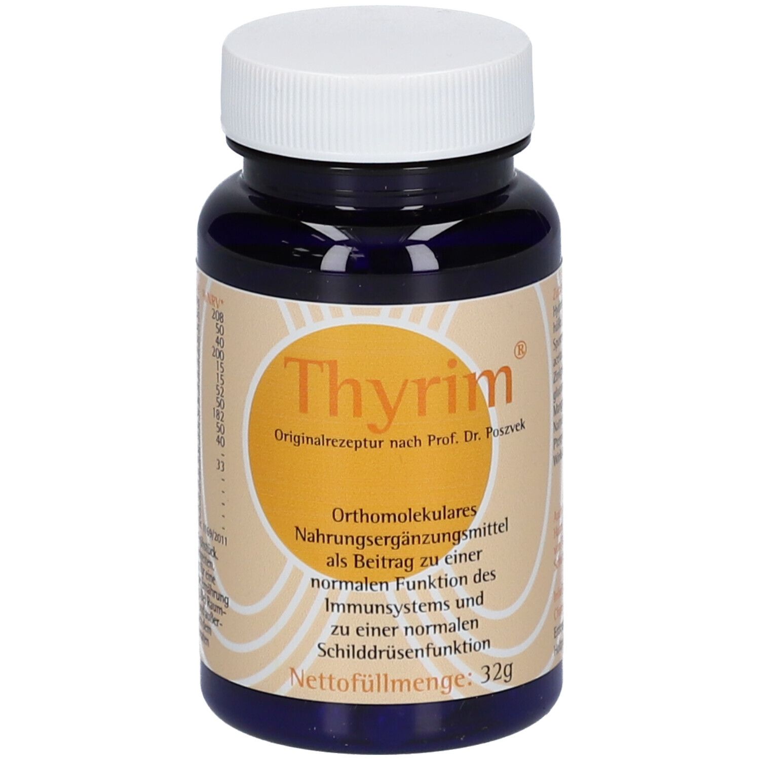 Dunkelblaue Flasche mit weißem Deckel. Aufkleber mit Produktnamen Thyrim® und Text. Nettofüllmenge: 32g.