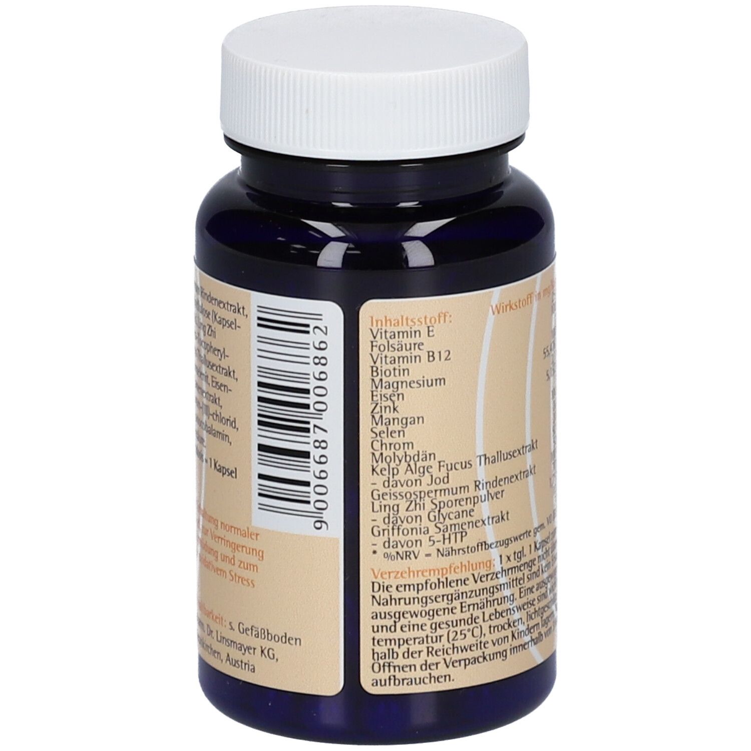 Dunkelblaue Flasche mit weißem Deckel. Rückseite mit Produktinformationen, Inhaltsstoffen und Barcode.