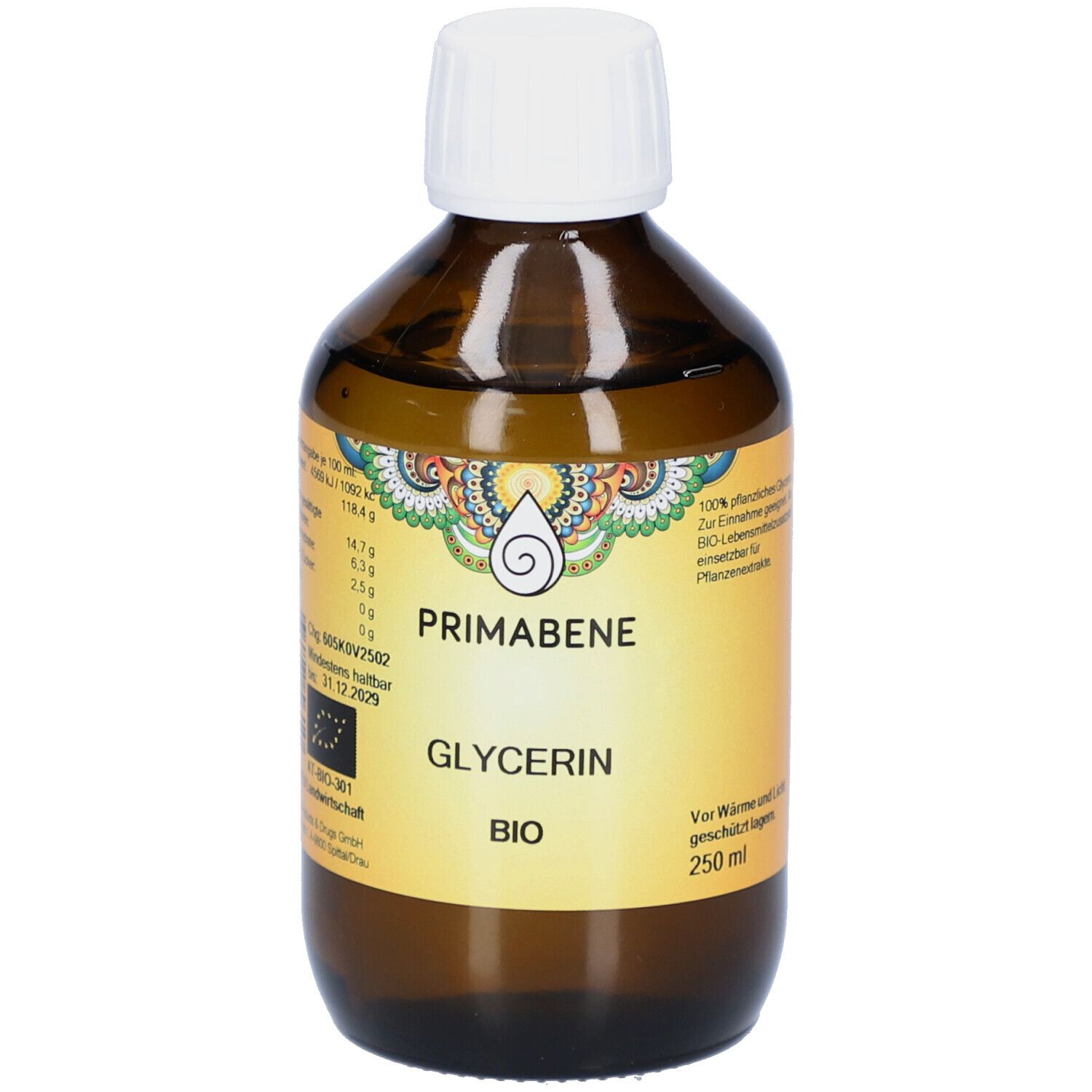 Braune Glasflasche mit weißem Deckel. Etikett mit PRIMABENE, GLYCERIN BIO und Nährwertangaben. 250 ml.