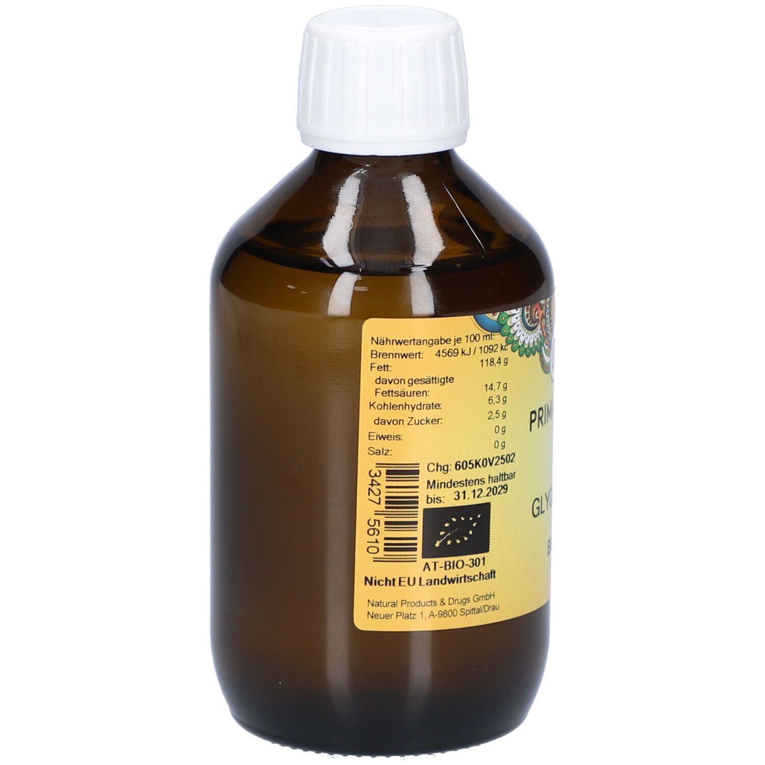 Rückseite einer braunen Glasflasche mit weißem Deckel. Etikett mit Nährwertangaben, Chargennummer und Mindesthaltbarkeitsdatum.