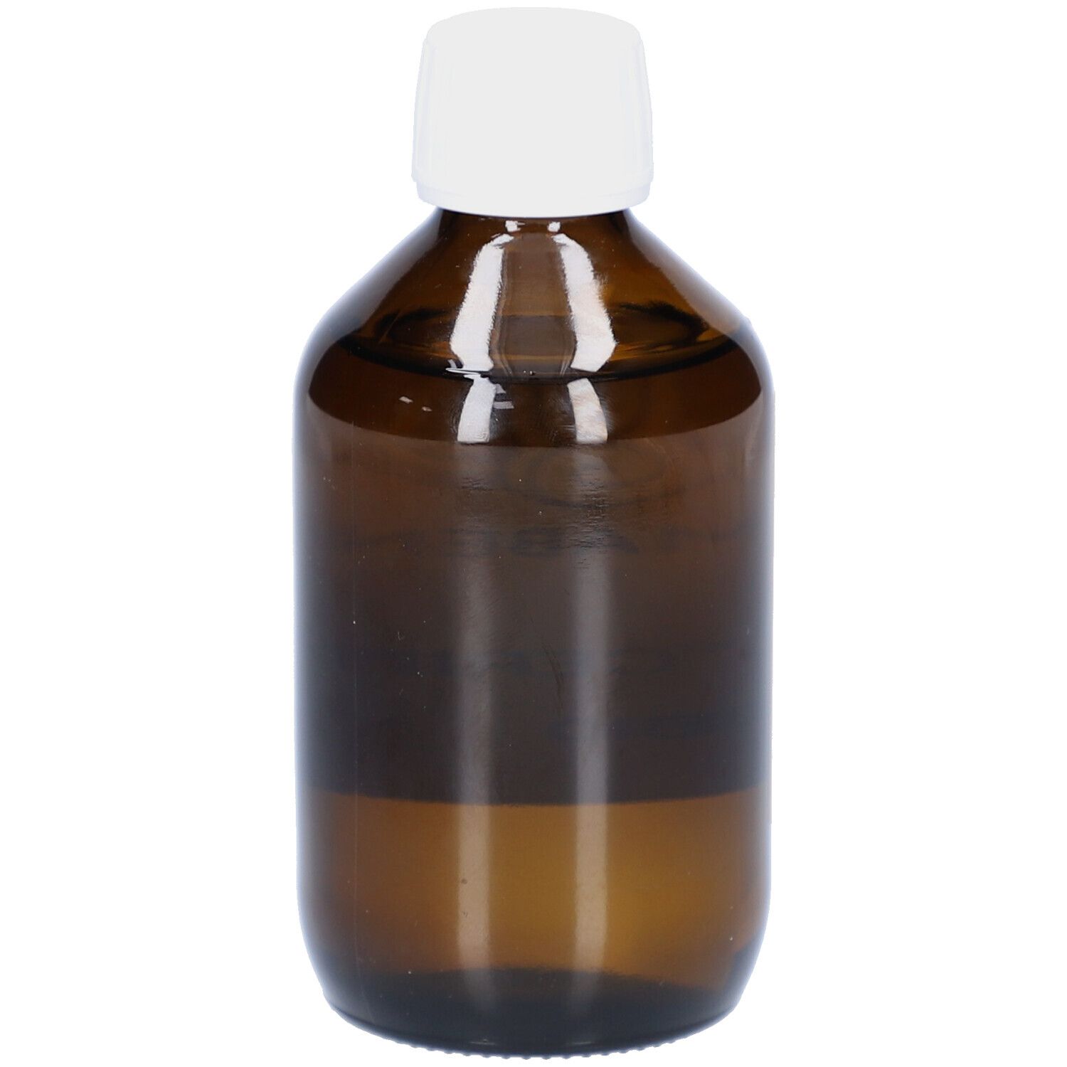 Braune Glasflasche mit weißem Deckel. Keine Etiketten sichtbar.