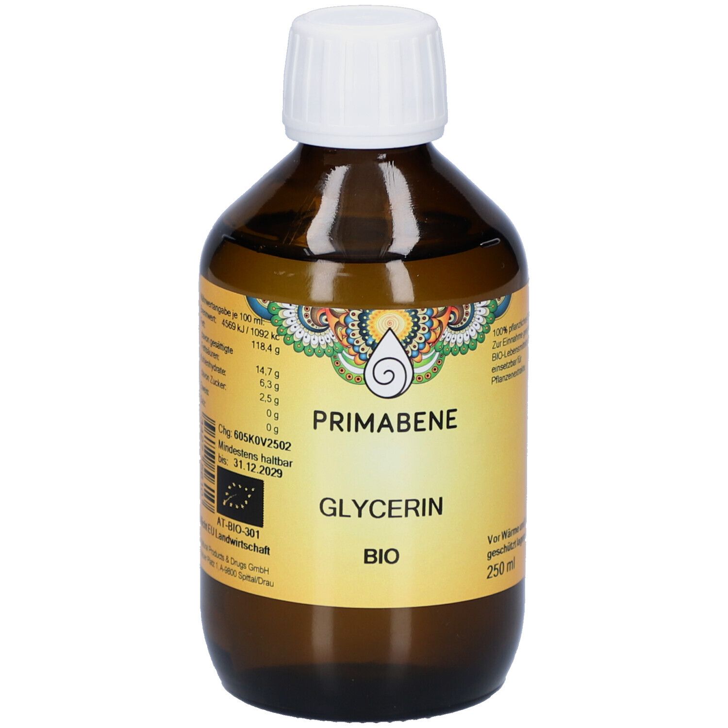 Braune Glasflasche mit weißem Deckel. Etikett mit PRIMABENE, GLYCERIN BIO und Nährwertangaben. 250 ml.