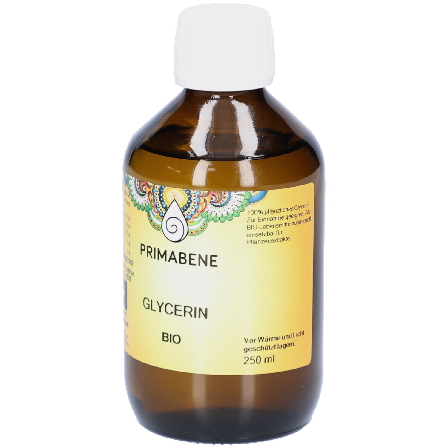 Braune Glasflasche mit weißem Deckel. Etikett mit PRIMABENE, GLYCERIN BIO und 250 ml. Text: 'Vor Wärme und Licht geschützt lagern'.