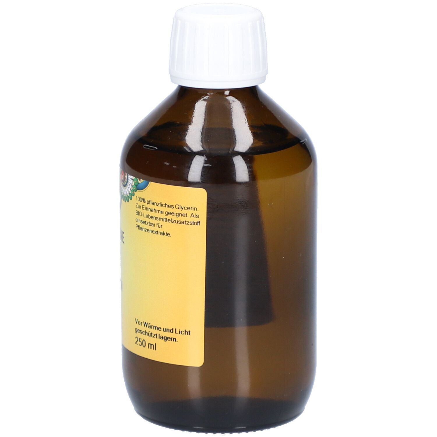 Braune Glasflasche mit weißem Deckel. Etikett mit PRIMABENE, GLYCERIN BIO und 250 ml. Text: 'Vor Wärme und Licht geschützt lagern'.