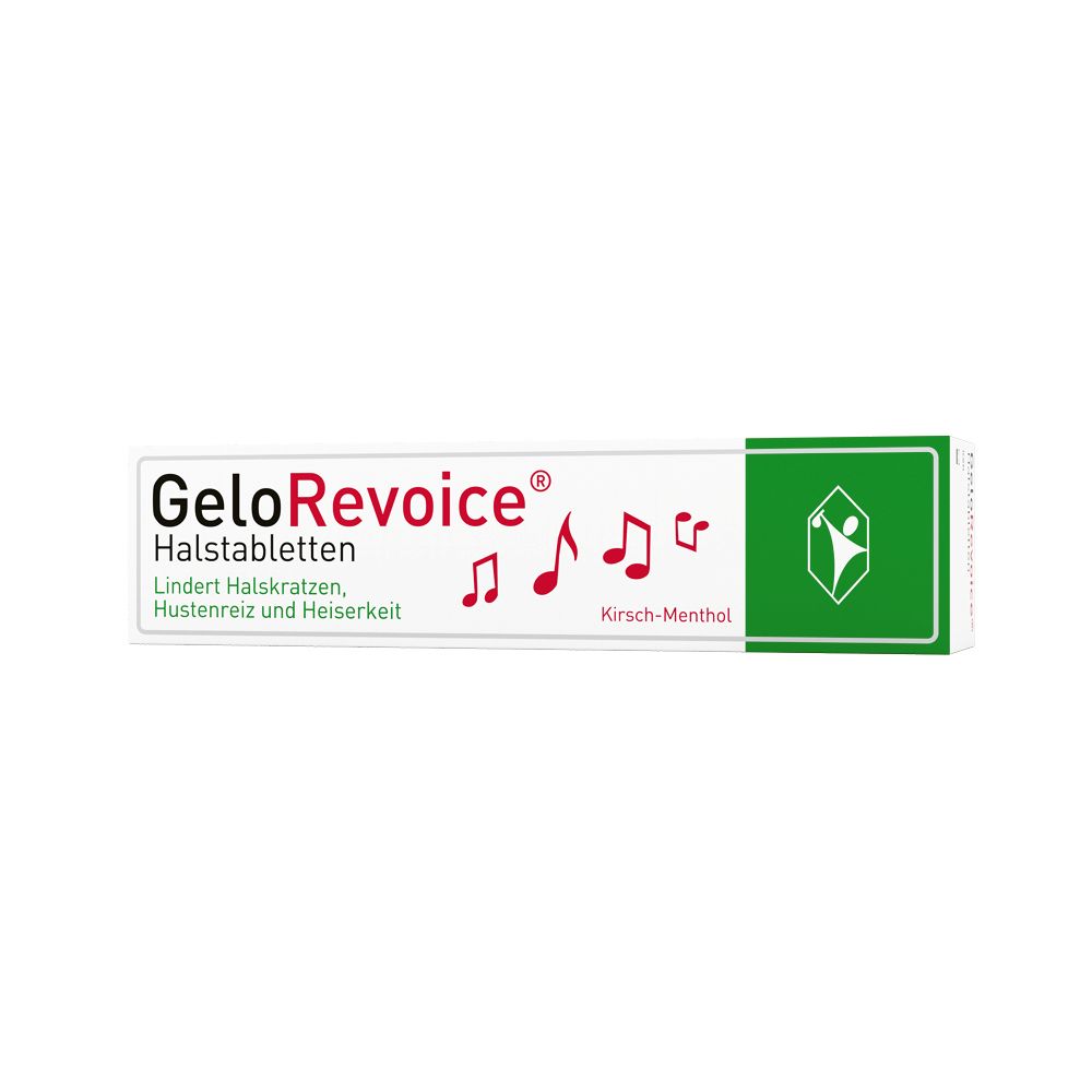 GeloRevoice Halstabletten Kirsch-Menthol Packung mit Noten-Symbolen.
