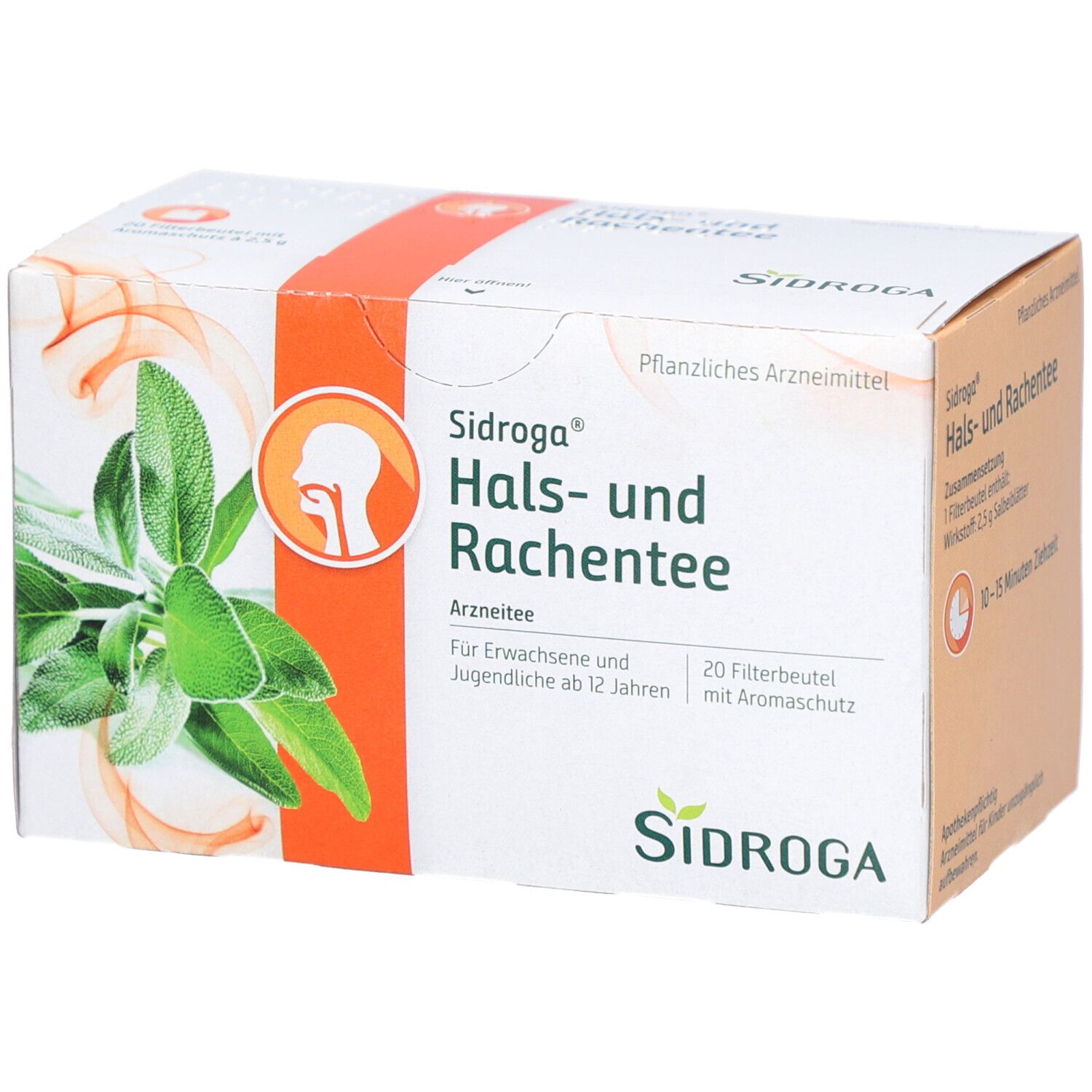 Karton von Sidroga® Hals- und Rachentee. Beige und orangefarbene Verpackung mit Produktnamen und Kräutern.