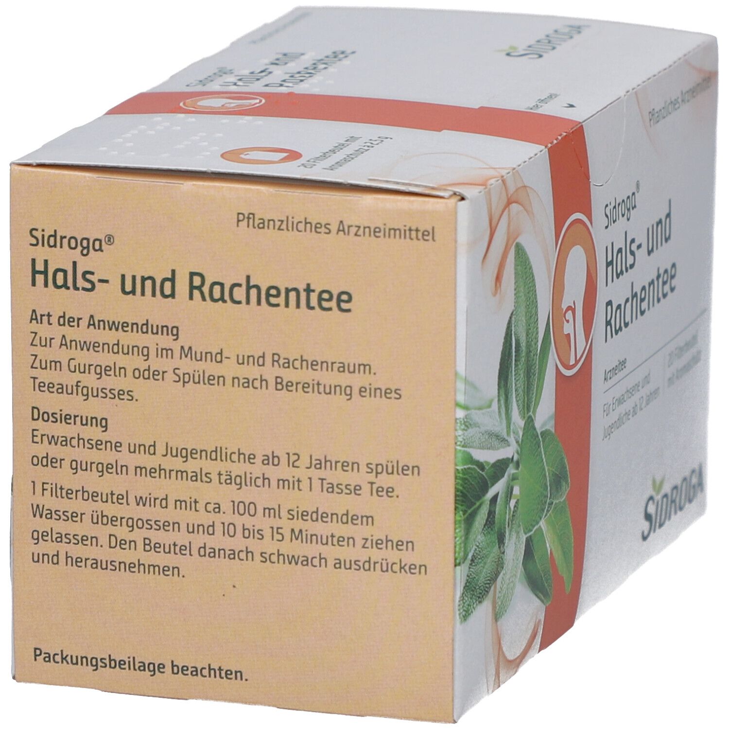 Karton von Sidroga® Hals- und Rachentee. Beige und orangefarbene Verpackung mit Produktnamen und Text. Kräuter.