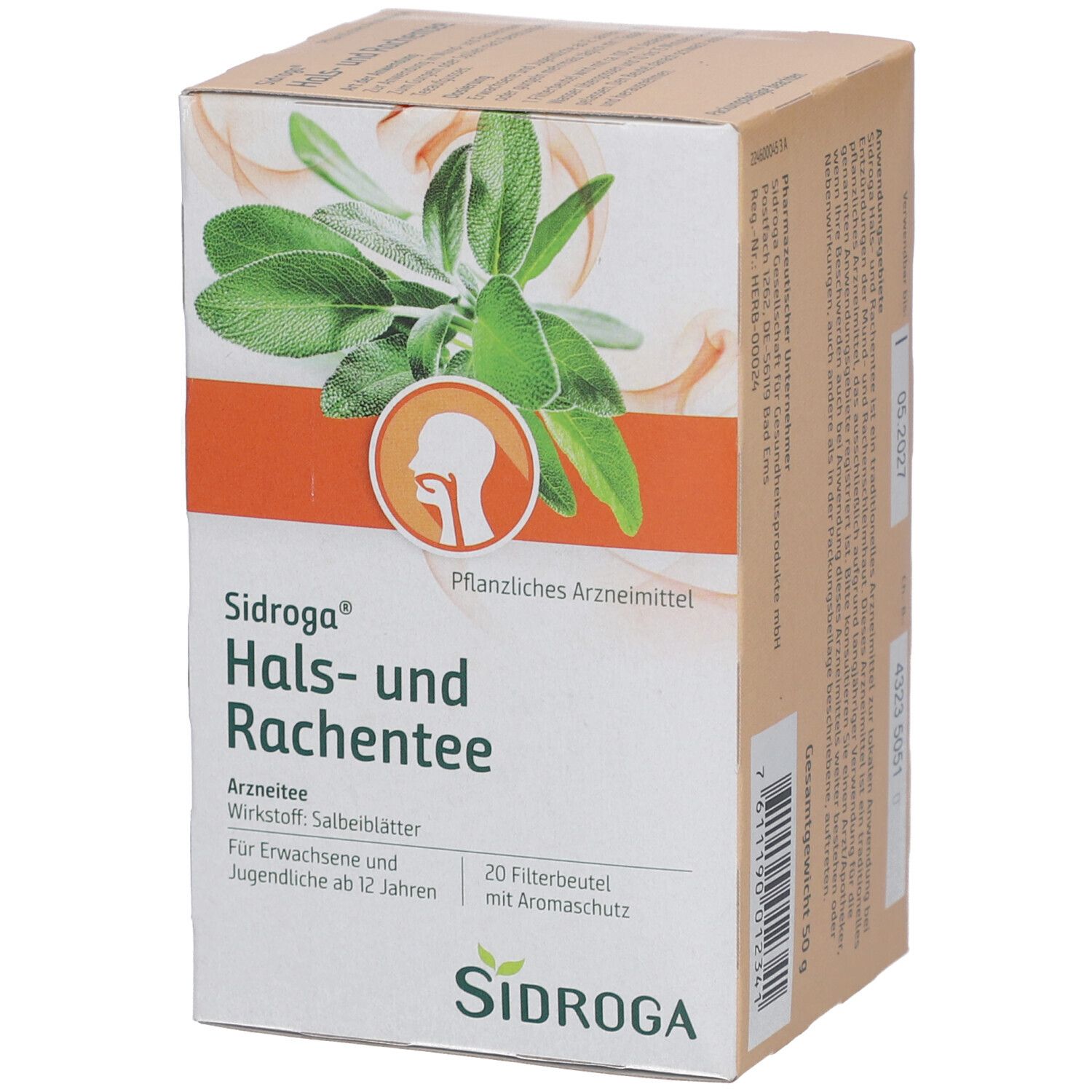 Karton von Sidroga® Hals- und Rachentee. Beige und orangefarbene Verpackung mit Produktnamen und Kräutern. 20 Beutel.