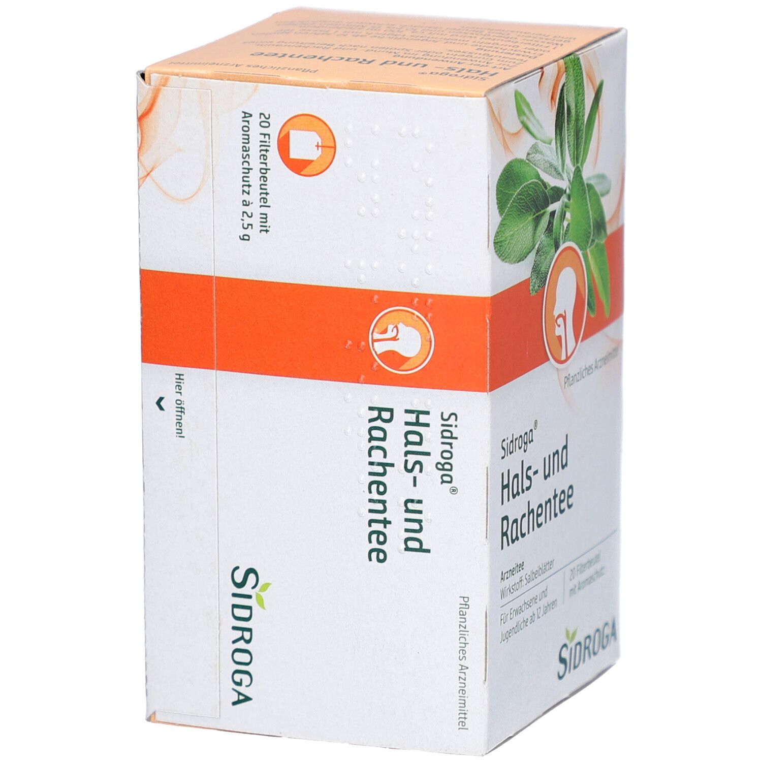 Karton von Sidroga® Hals- und Rachentee. Beige und orangefarbene Verpackung mit Produktnamen und Kräutern. 20 Beutel.