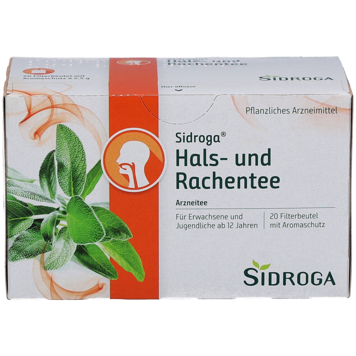 Karton von Sidroga® Hals- und Rachentee. Beige und orangefarbene Verpackung mit Produktnamen und Kräutern. 20 Beutel.