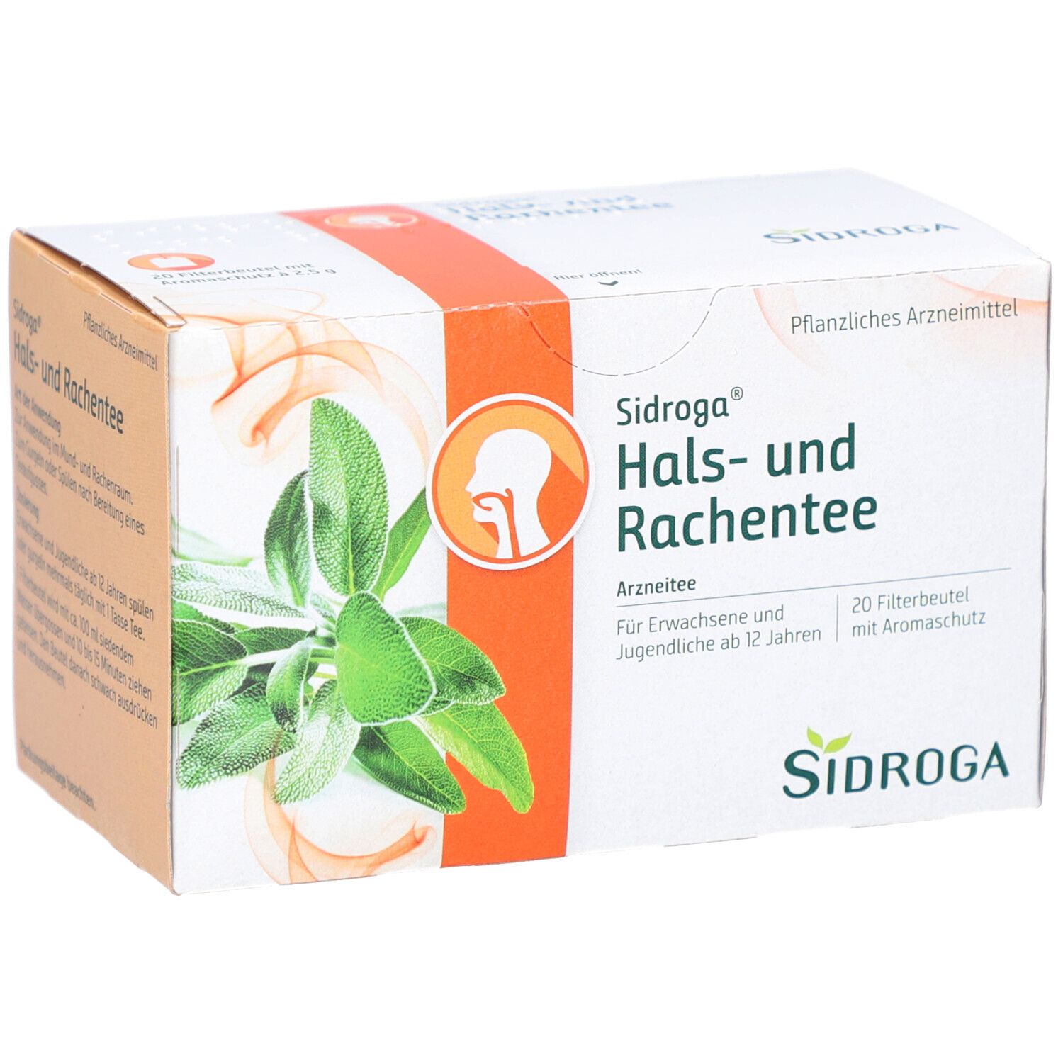 Karton von Sidroga® Hals- und Rachentee. Beige und orangefarbene Verpackung mit Produktnamen und Kräutern. 20 Beutel.