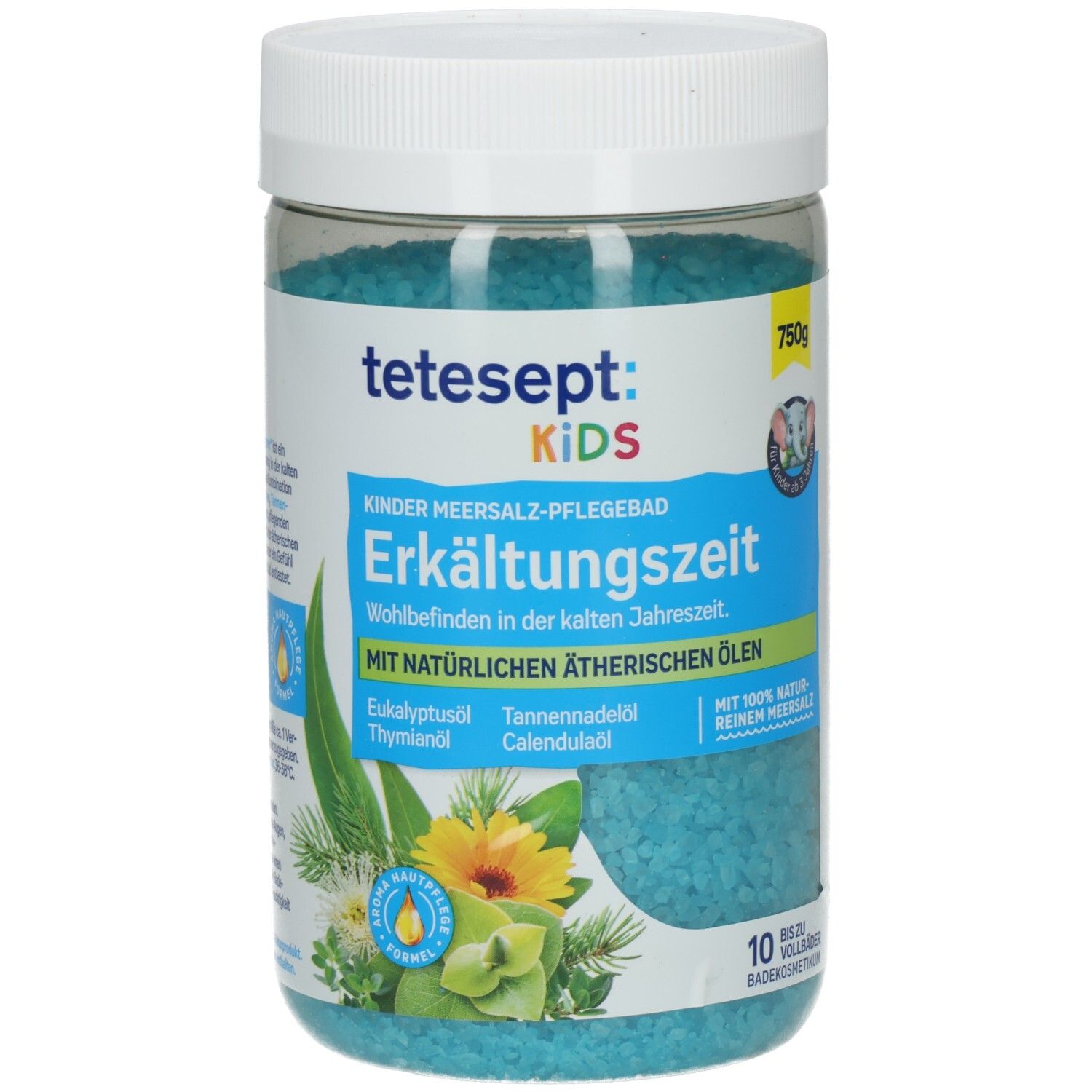 Transparente Dose mit blauem Badesalz. Aufschrift: tetesept: KIDS, Kinder Erkältungszeit. Mit ätherischen Ölen. 750g.