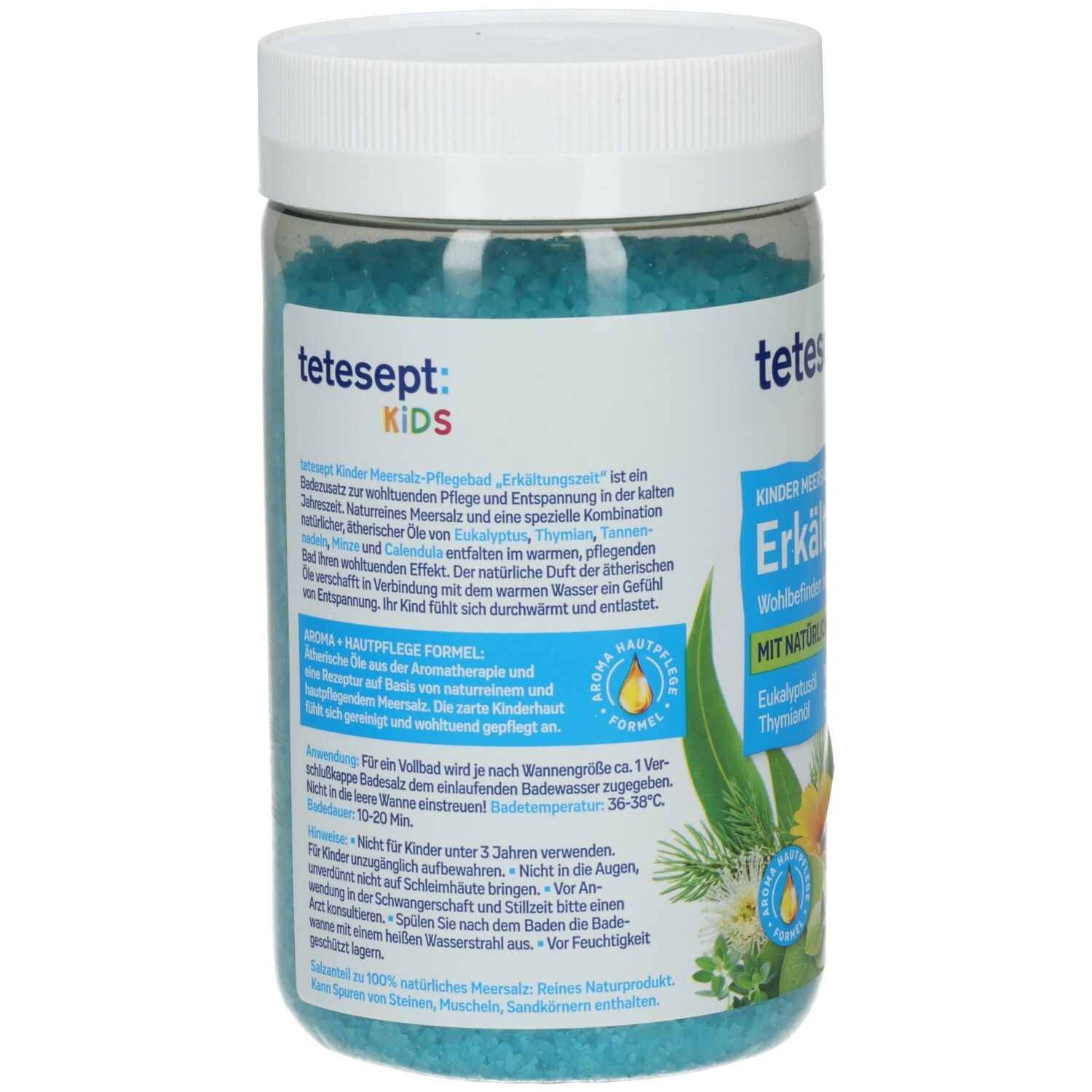 Rückseite der Dose mit Text. Aufschrift: tetesept: KIDS, Kinder Erkältungszeit. Informationen zu Inhaltsstoffen und Anwendung.