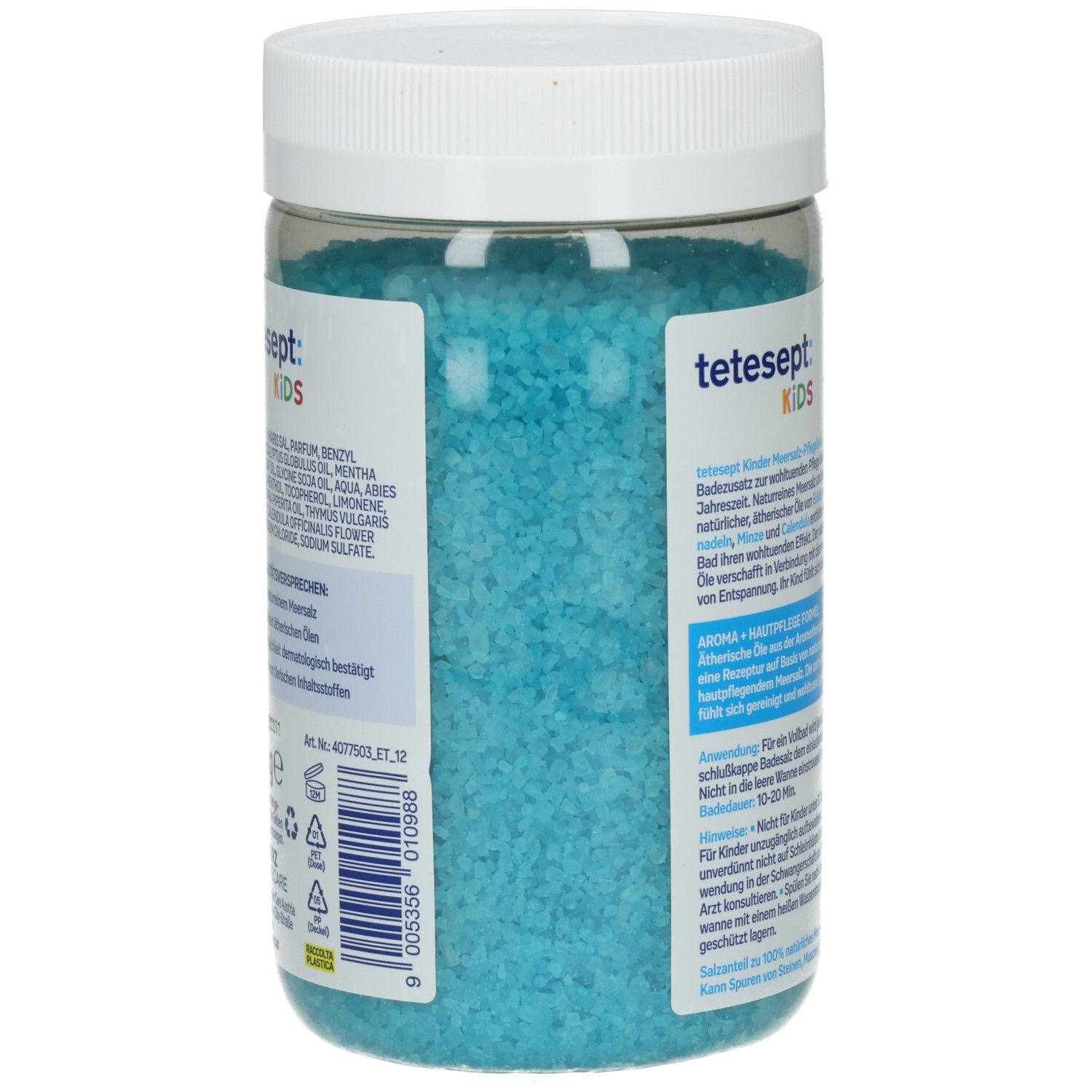 Rückseite der Dose mit blauem Badesalz. Aufschrift: tetesept: KIDS, Kinder Erkältungszeit. Informationen zu Inhaltsstoffen und Anwendung.