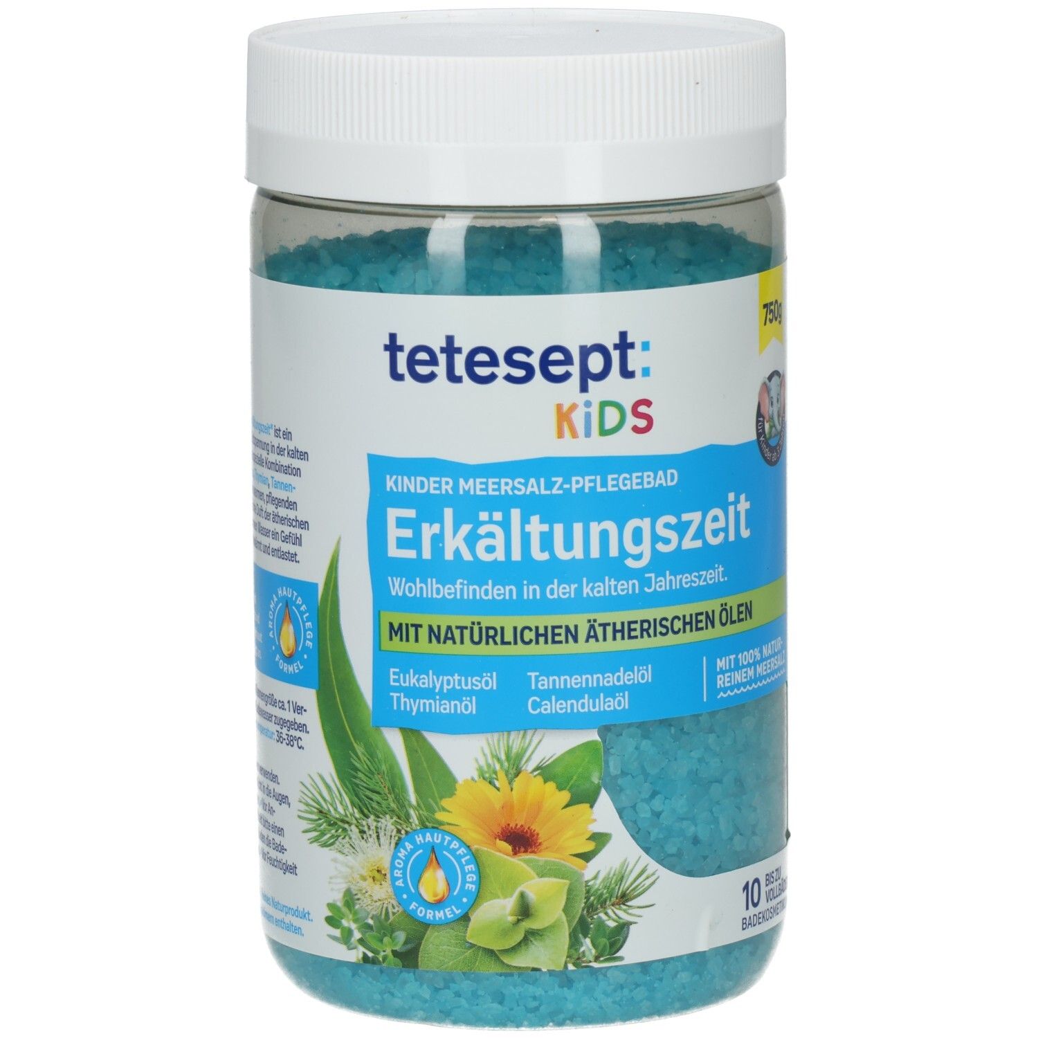 Transparente Dose mit blauem Badesalz. Aufschrift: tetesept: KIDS, Kinder Erkältungszeit. Mit ätherischen Ölen. 750g.