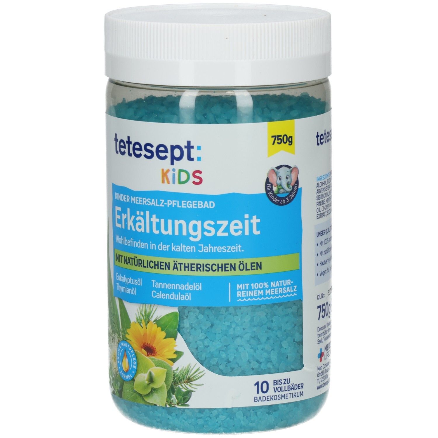 Transparente Dose mit blauem Badesalz. Aufschrift: tetesept: KIDS, Kinder Erkältungszeit. Mit ätherischen Ölen. 750g.