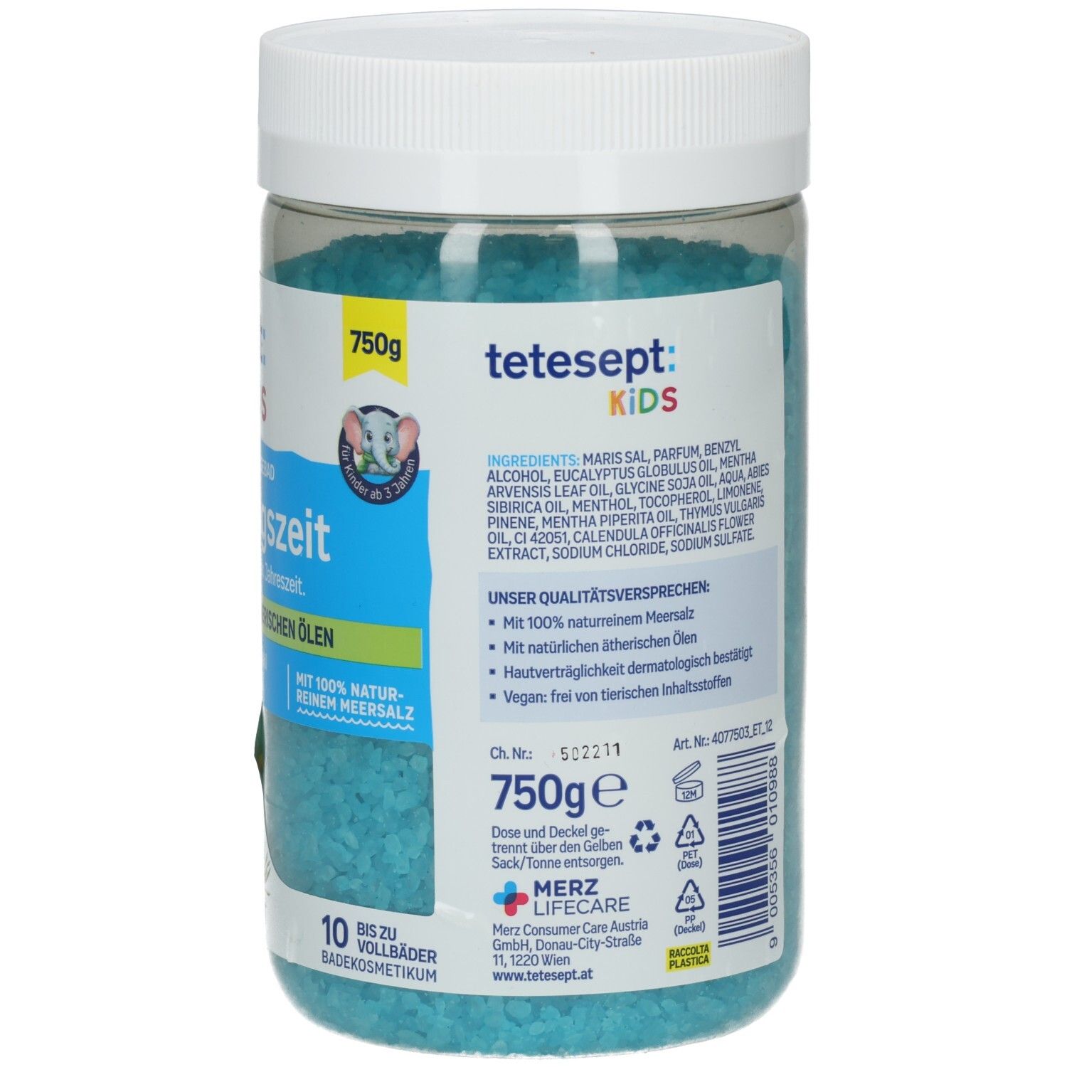Rückseite der Dose mit blauem Badesalz. Aufschrift: tetesept: KIDS, Kinder Erkältungszeit. Inhaltsstoffe, 750g, 10 Vollbäder.
