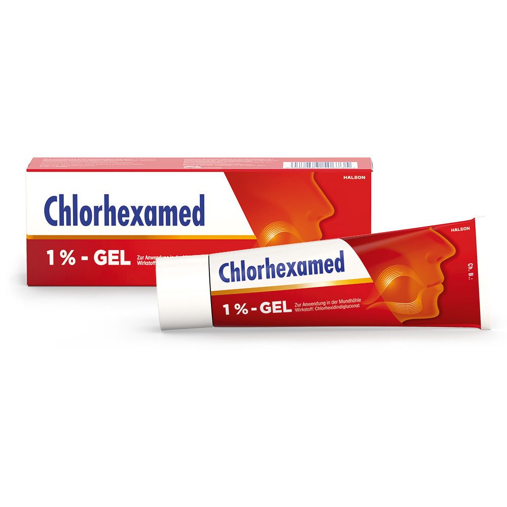 Chlorhexamed Gel 1% Tube und Verpackung. Rote Verpackung mit Produktnamen. Tube mit Produktnamen und 1%-Gel.