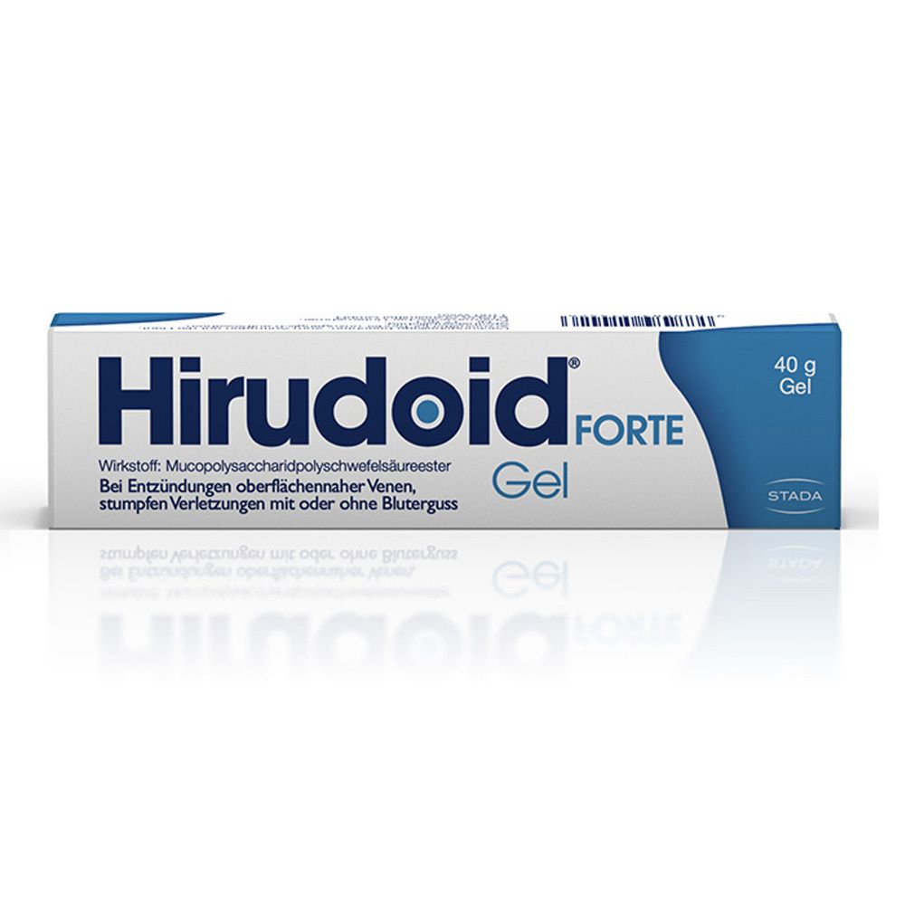 Hirudoid Forte Gel-Packung. Blaue und weiße Schachtel mit Produktnamen und Inhaltsangaben. 40g.
