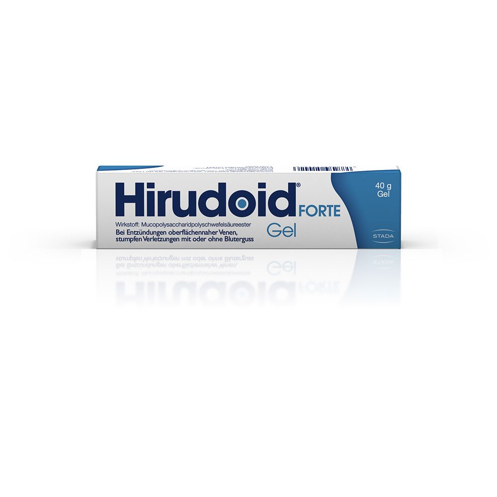 Hirudoid Forte Gel-Packung. Blaue und weiße Schachtel mit Produktnamen und Inhaltsangaben. 40g.
