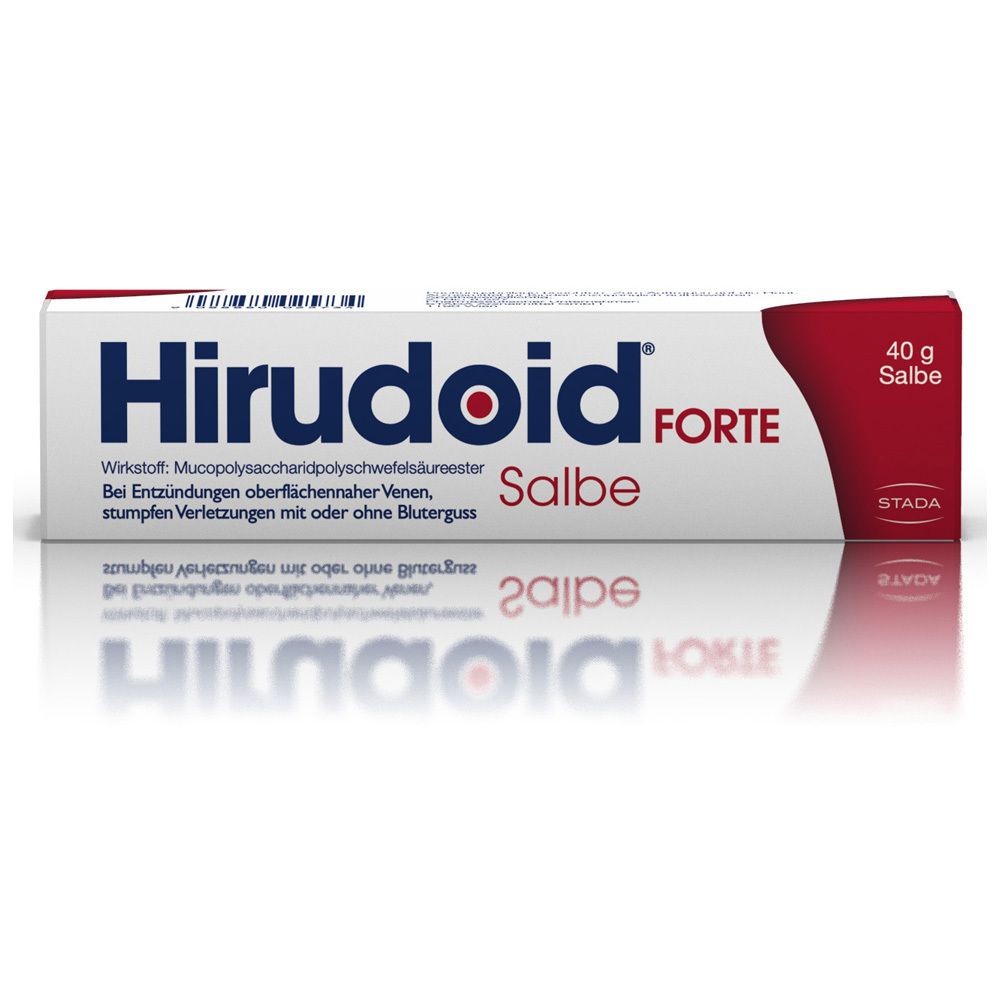 Hirudoid Forte Salbe. Weiße Tube mit roter Schrift. Text: Bei Venenentzündungen und Blutergüssen.