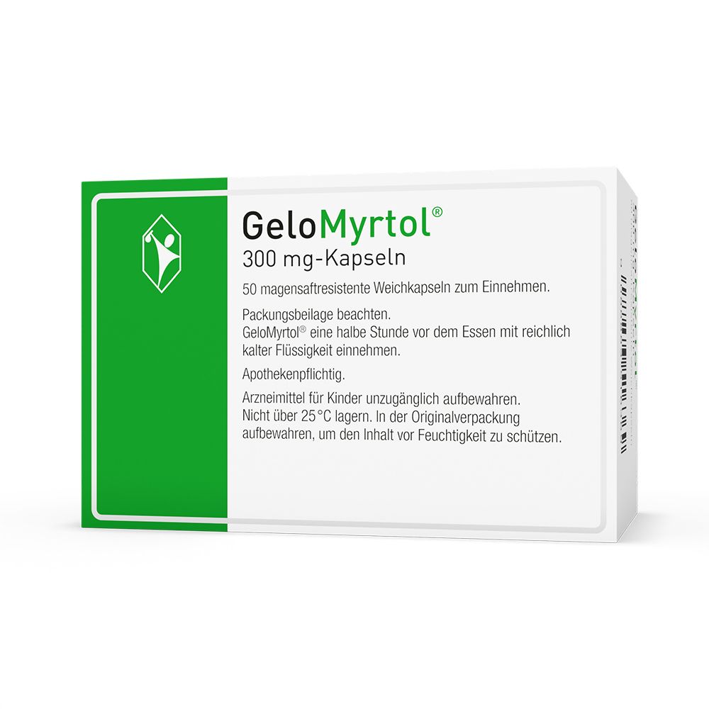GeloMyrtol 300 mg Kapseln Packung, Rückseite mit Informationen zu Inhaltsstoffen und Anwendungshinweisen.