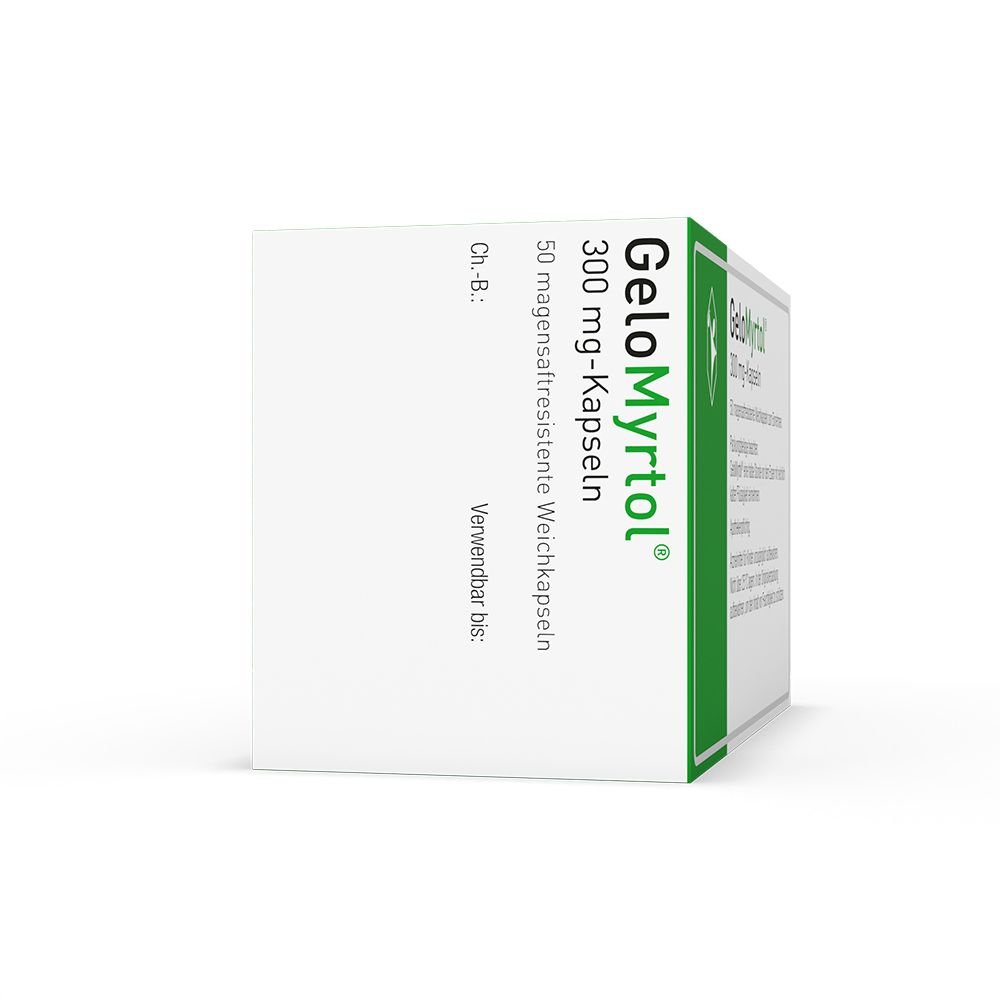 GeloMyrtol 300 mg Kapseln Packung, Seitenansicht mit Chargennummer und Verfallsdatum.