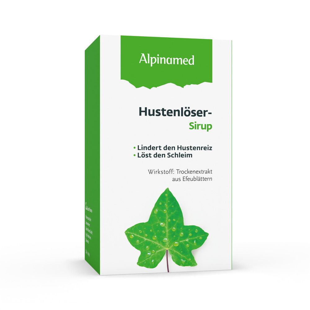 Weiße Schachtel mit grünen Akzenten. Aufschrift: Alpinamed Hustenlöser-Sirup. Enthält Efeublätter-Trockenextrakt.
