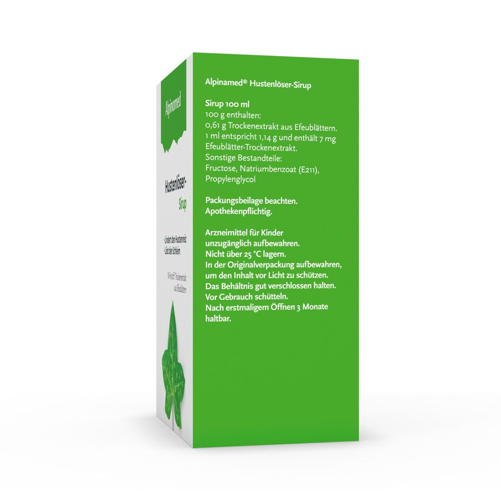 Rückseite der Schachtel. Aufschrift: Alpinamed Hustenlöser-Sirup. Inhaltsstoffe, Dosierung, Apothekenpflichtig.