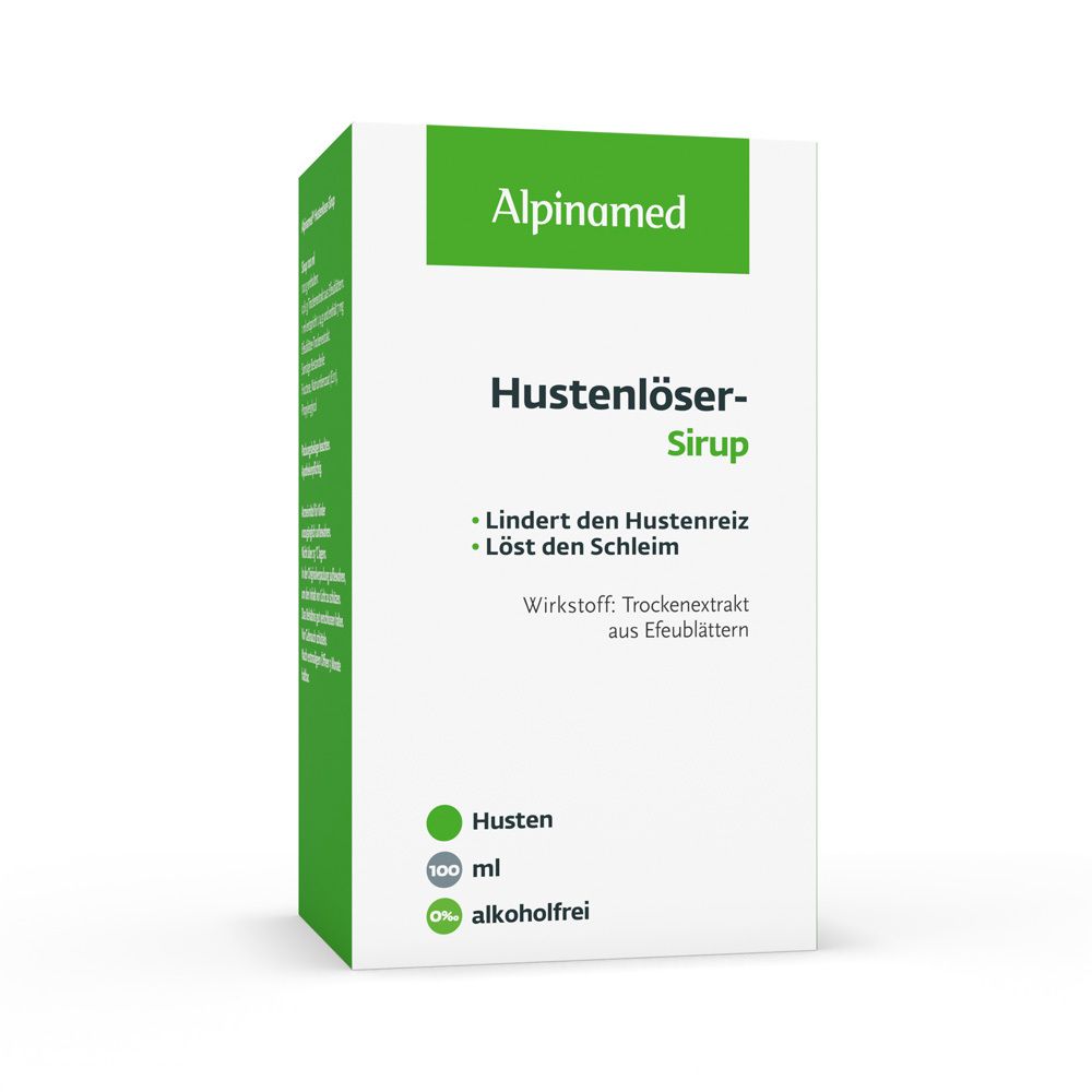 Weiße Schachtel mit grünen Akzenten. Aufschrift: Alpinamed Hustenlöser-Sirup. 100 ml, 0% Alkohol.