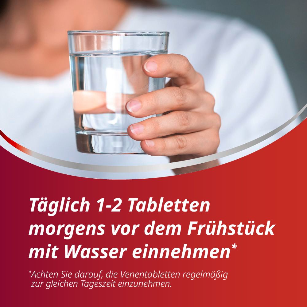Person trinkt Wasser. Text: Täglich 1-2 Tabletten morgens vor dem Frühstück mit Wasser einnehmen.