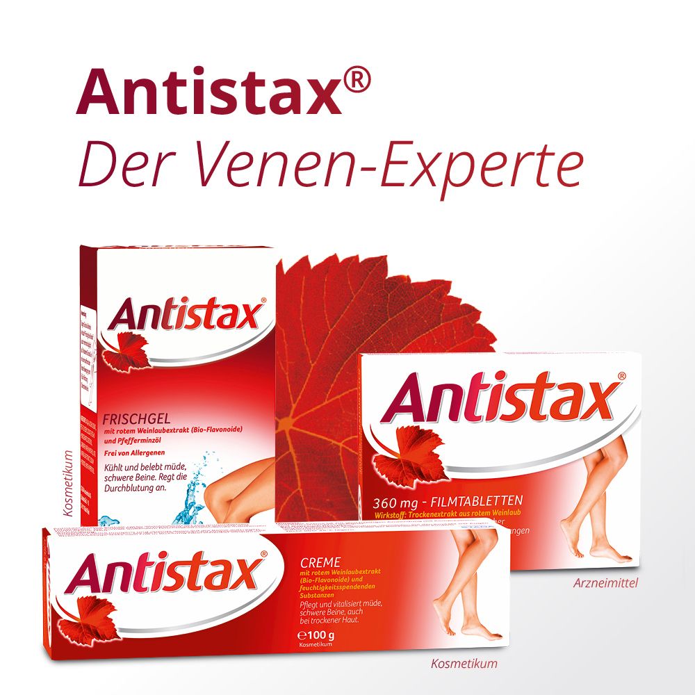 Produktabbildungen von Antistax®: Frischgel, Creme und Filmtabletten. Rotes Weinblatt.