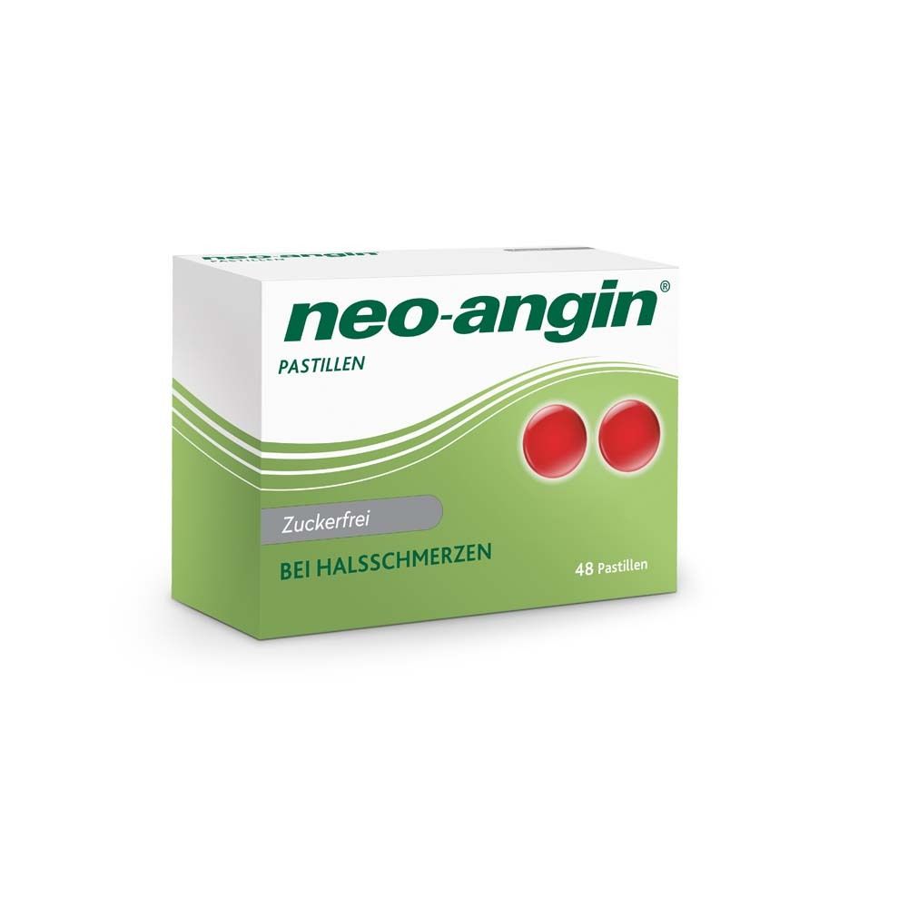 neo-angin® Zuckerfrei Pastillen-Packung. Weiße Schachtel mit grünem und rotem Design. 48 Pastillen.