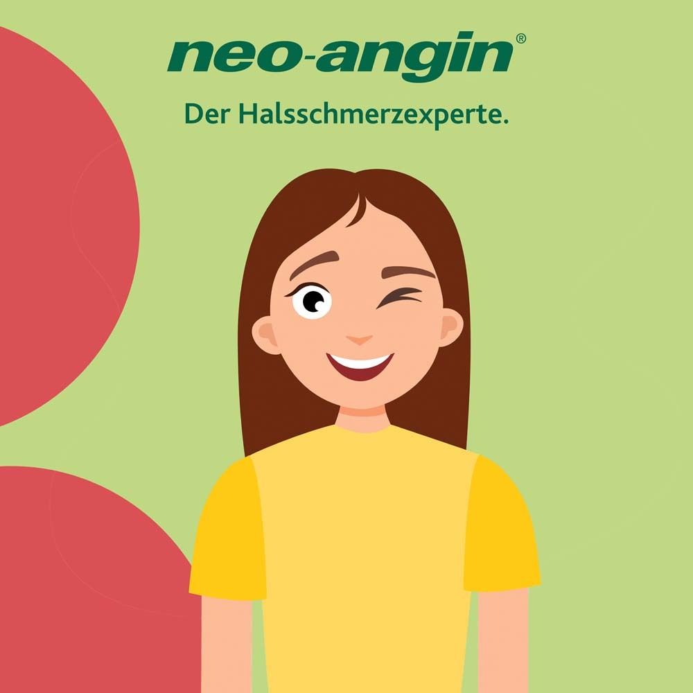 Cartoon einer lächelnden Frau, die zwinkert. neo-angin® Logo und Schriftzug: Der Halsschmerzexperte.