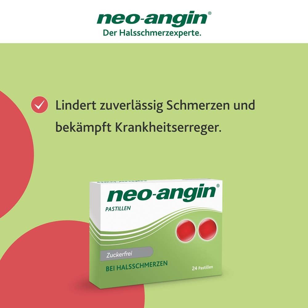 Packung neo-angin® Zuckerfrei Pastillen. Text: Lindert Schmerzen und bekämpft Krankheitserreger.