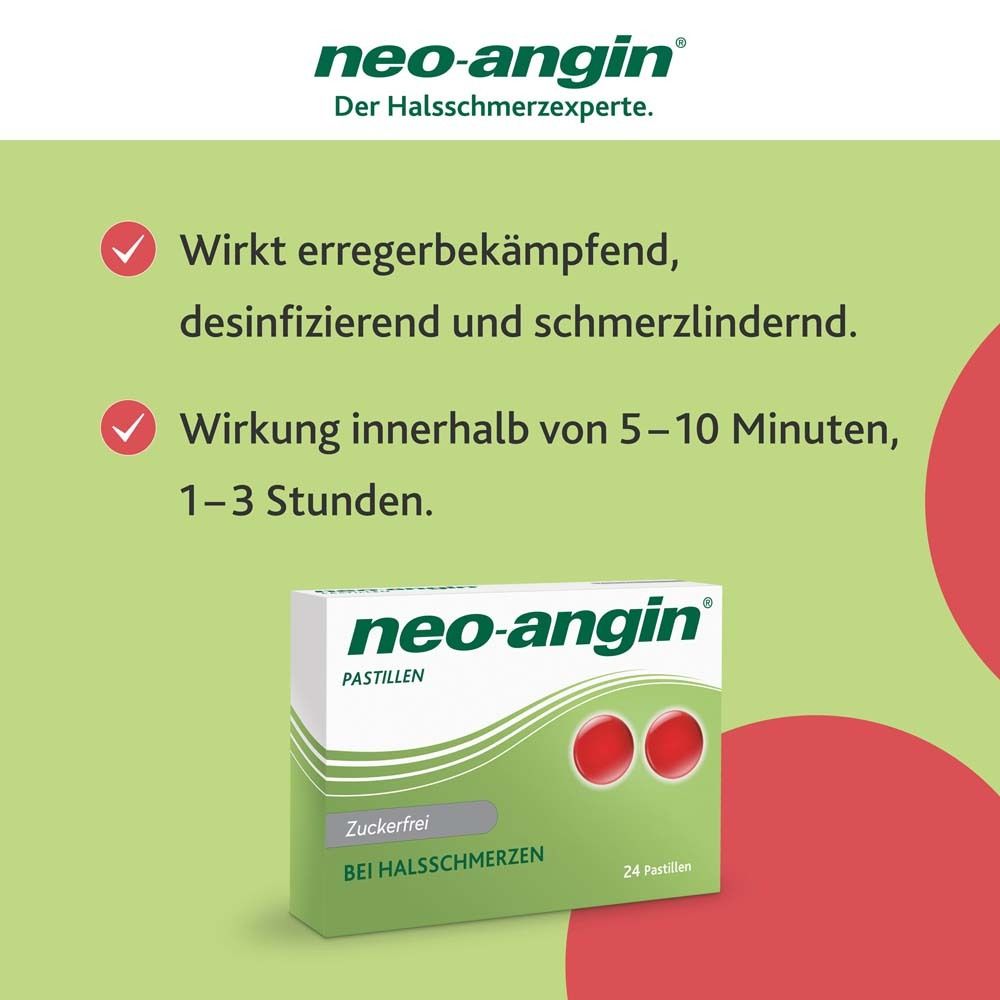 Packung neo-angin® Zuckerfrei Pastillen. Text: Wirkt erregerbekämpfend, desinfizierend und schmerzlindernd.
