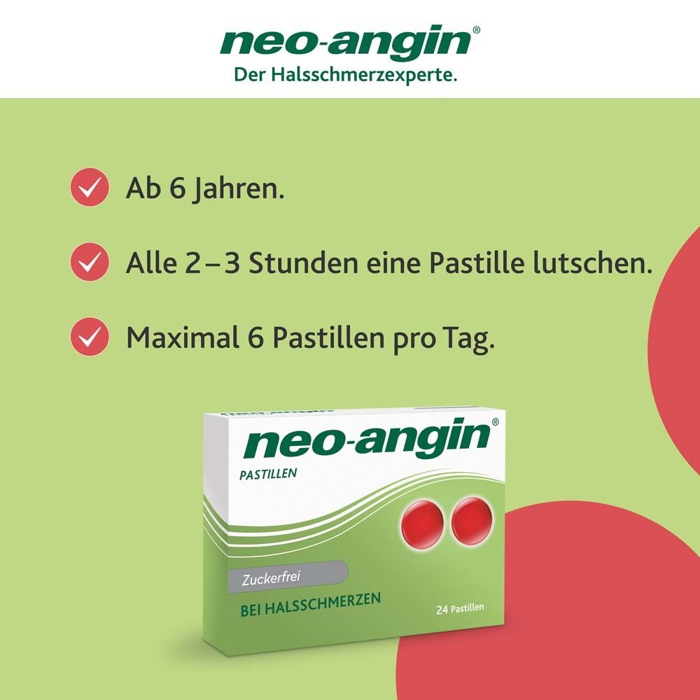 Packung neo-angin® Zuckerfrei Pastillen. Text: Ab 6 Jahren. Alle 2-3 Stunden eine Pastille lutschen. Maximal 6 Pastillen.
