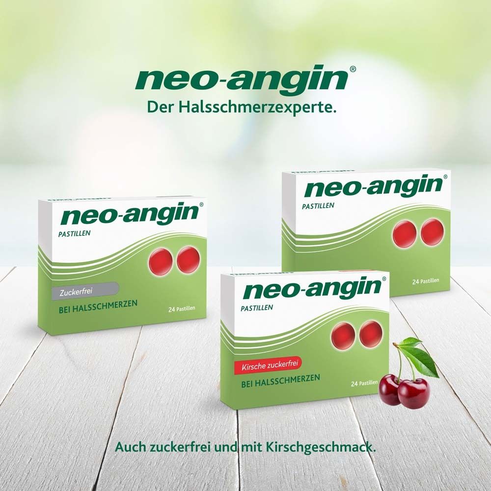 Drei Packungen neo-angin® Pastillen. Eine mit Kirschgeschmack. Aufschrift: Auch zuckerfrei und mit Kirschgeschmack.