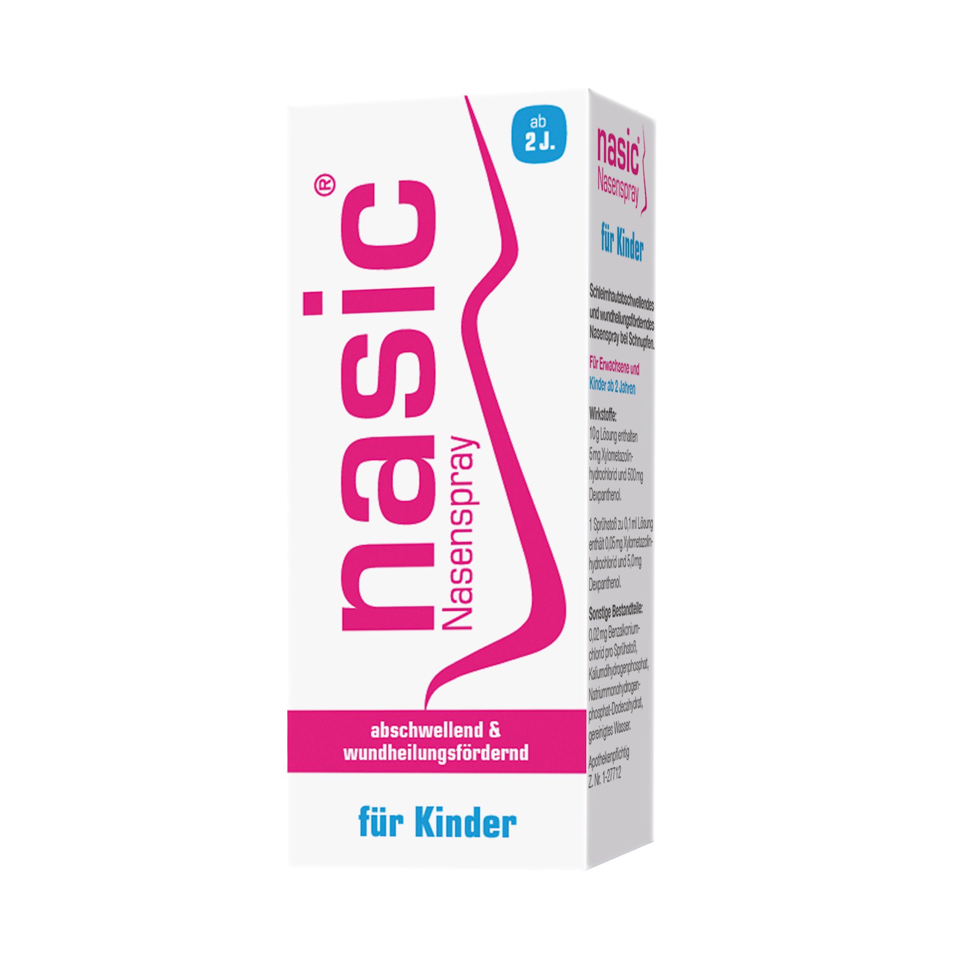 Nasic Nasenspray für Kinder. Weiße Verpackung mit pinkfarbenem Logo und Text. Ab 2 Jahren.
