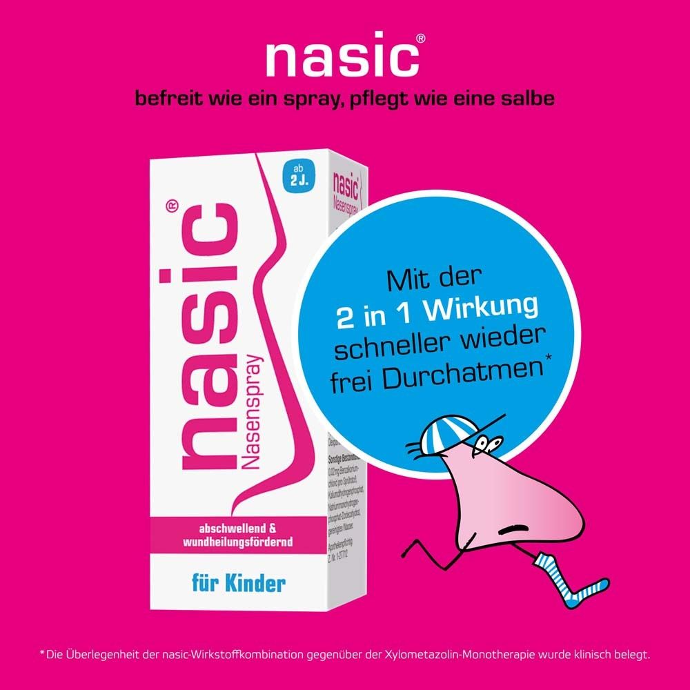 Nasic Nasenspray für Kinder. Verpackung mit Cartoon-Nase. 2-in-1 Wirkung. Schneller frei atmen.
