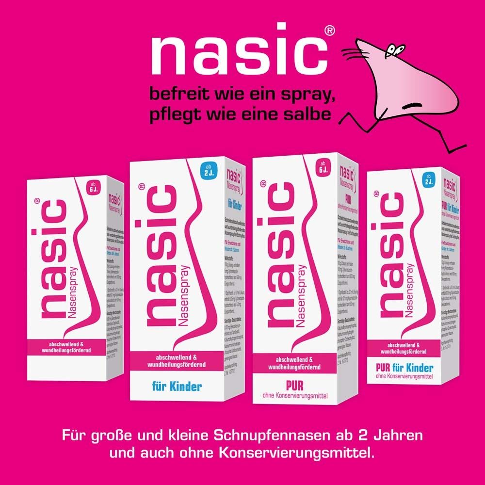 Nasic Nasenspray für Kinder. Vier Packungen nebeneinander. Ab 2 Jahren. Ohne Konservierungsstoffe.