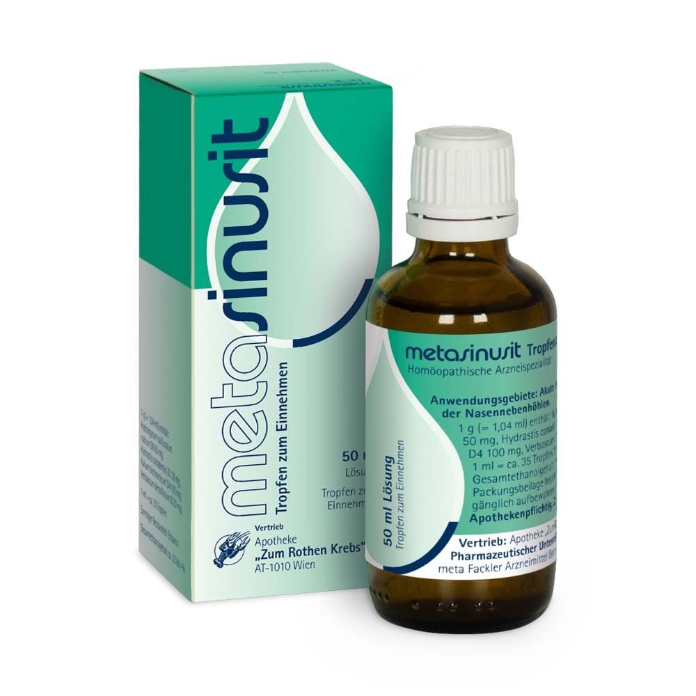 Braune Glasflasche und grüne Schachtel. Aufschrift: metasinusit® Tropfen. Homöopathisches Arzneimittel. 50 ml Lösung.