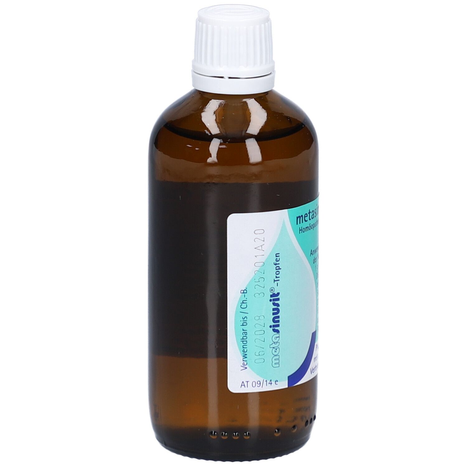 Braune Glasflasche mit weißem Deckel. Etikett mit Produktnamen metasinusit® Tropfen und weiteren Informationen.
