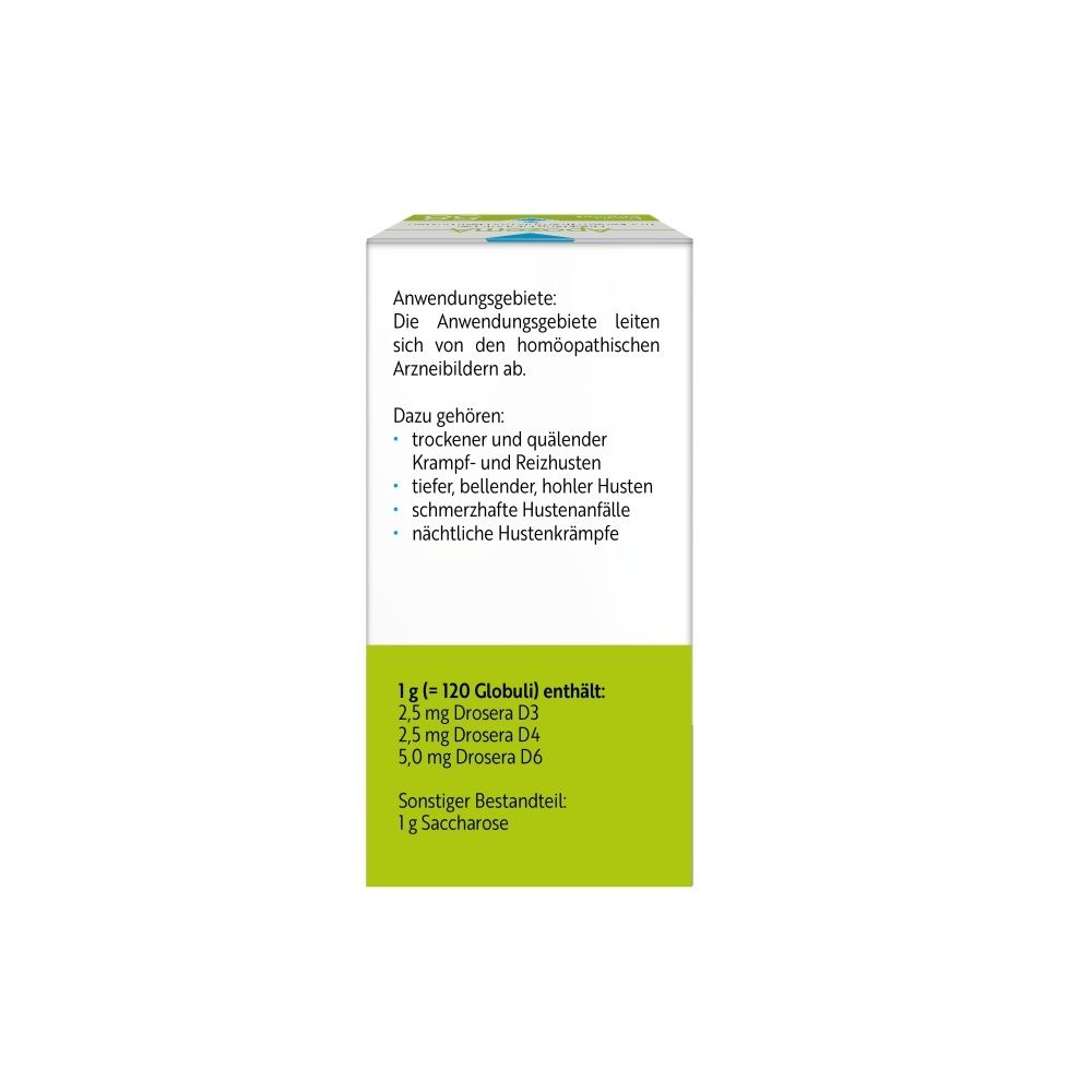 Packung mit homöopathischen Globuli, enthält Drosera D3, D4, D6 und Saccharose.