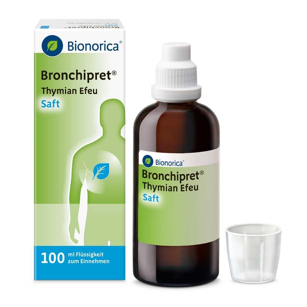 Braune Flasche mit weißem Deckel und Messbecher. Aufschrift: Bronchipret® Thymian Efeu Saft. Marke: Bionorica.
