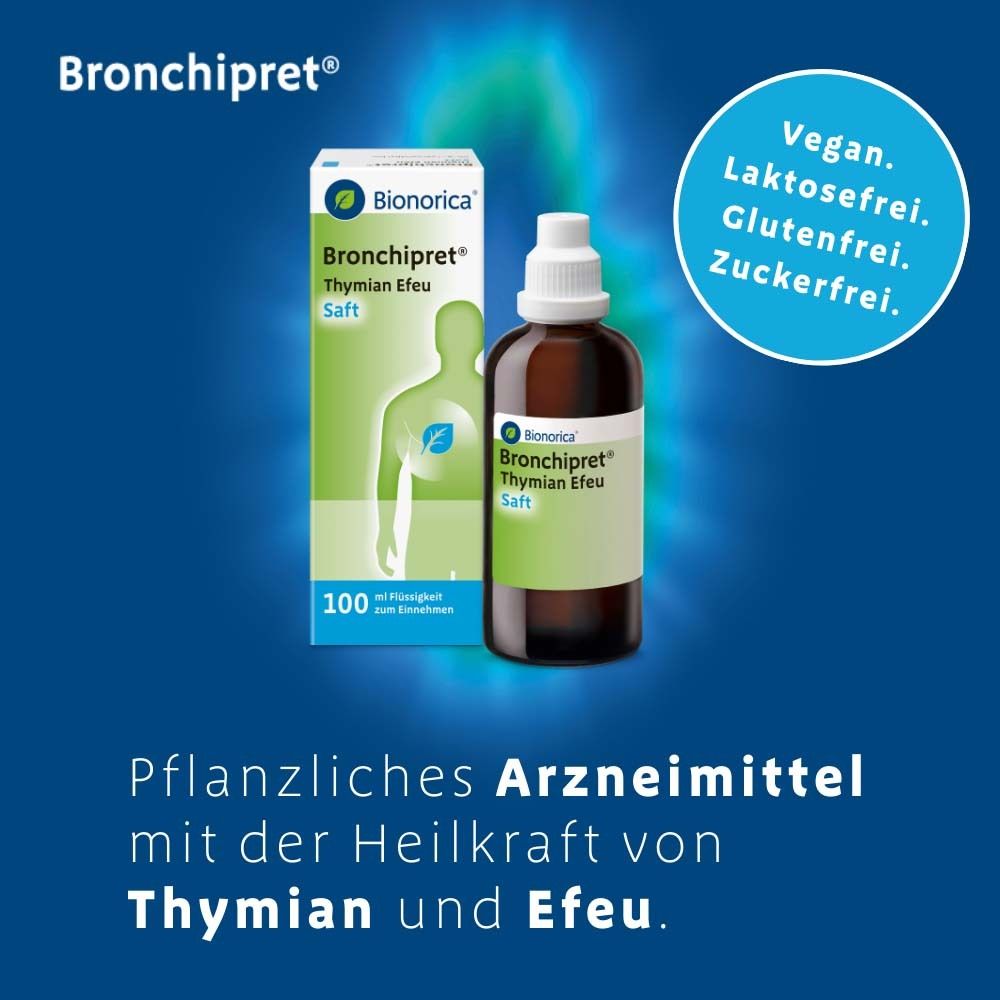 Flasche und Karton. Text: Pflanzliches Arzneimittel mit der Heilkraft von Thymian und Efeu. Vegan, laktosefrei, glutenfrei, zuckerfrei.