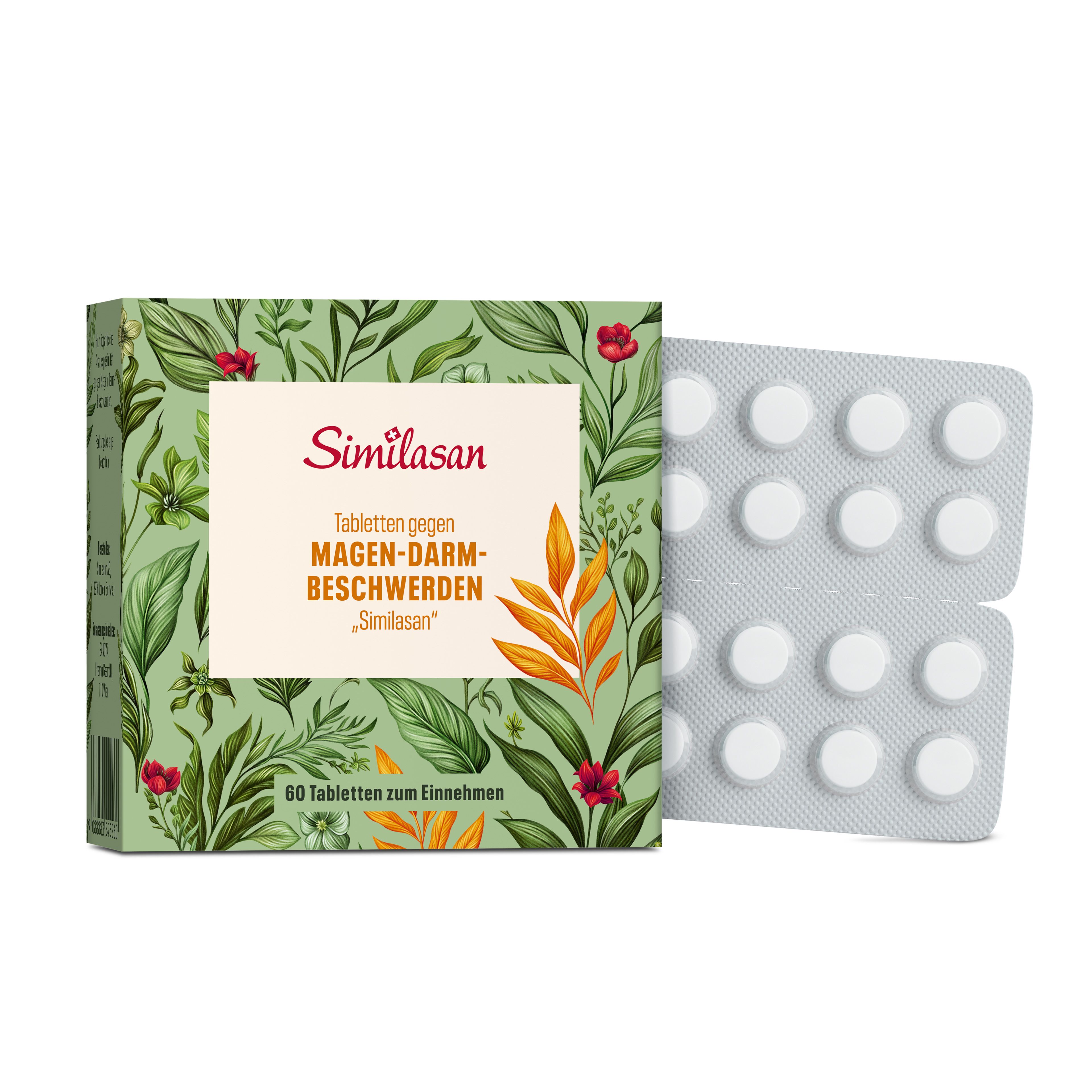 Schachtel und Blisterpackung mit Tabletten. Auf der Schachtel steht "Similasan" und "Tabletten gegen Magen-Darm-Beschwerden".